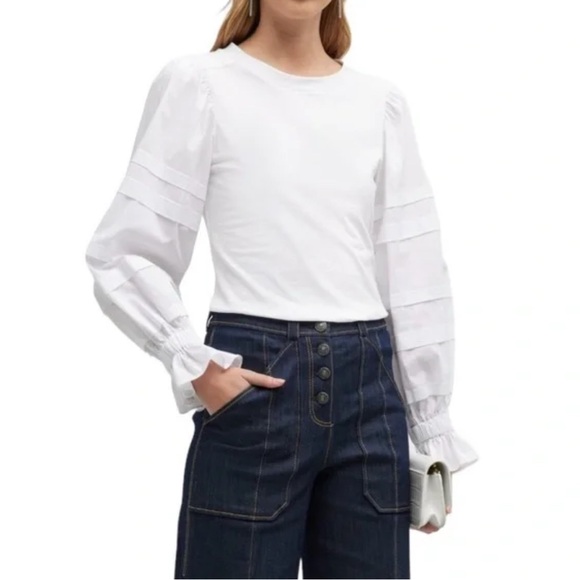 Cinq à Sept White Mikaila Mixed Media Pleated Bishop
Ruffle Sleeve Crewneck Top - Picture 1 of 7